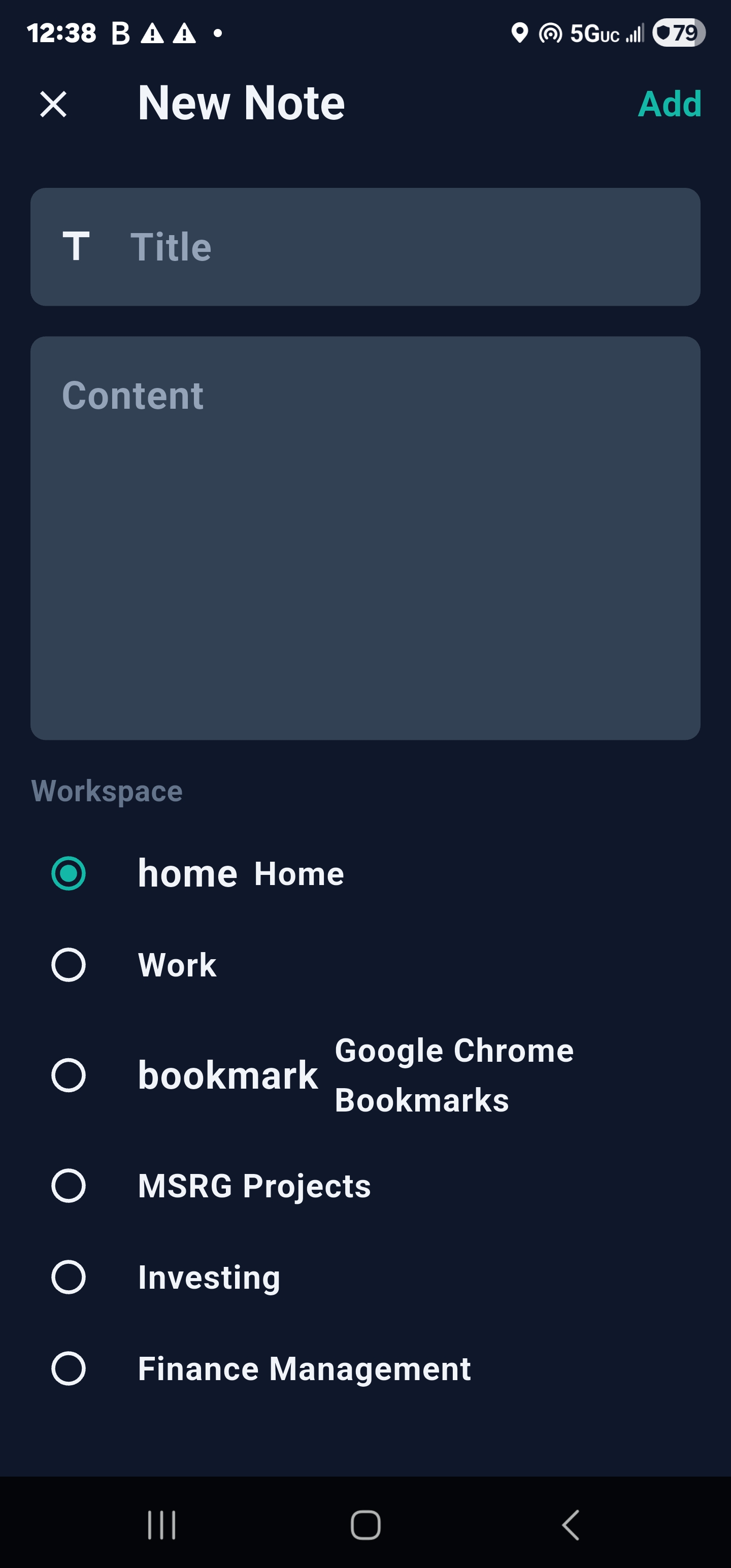 Desktopia mobile new-note screen with title, content, and workspace picker