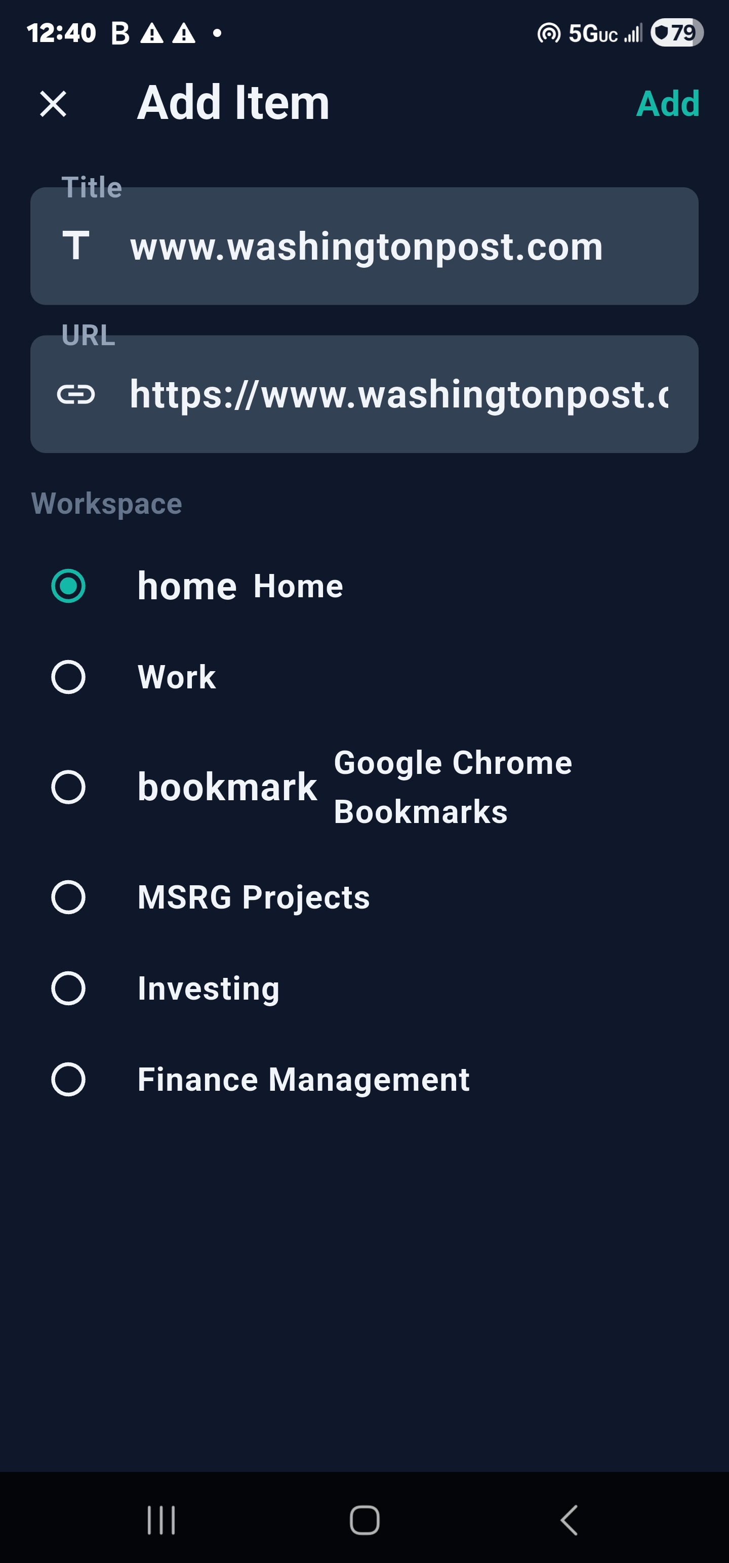 Desktopia mobile Add Item screen with a URL pre-filled from the Share Sheet